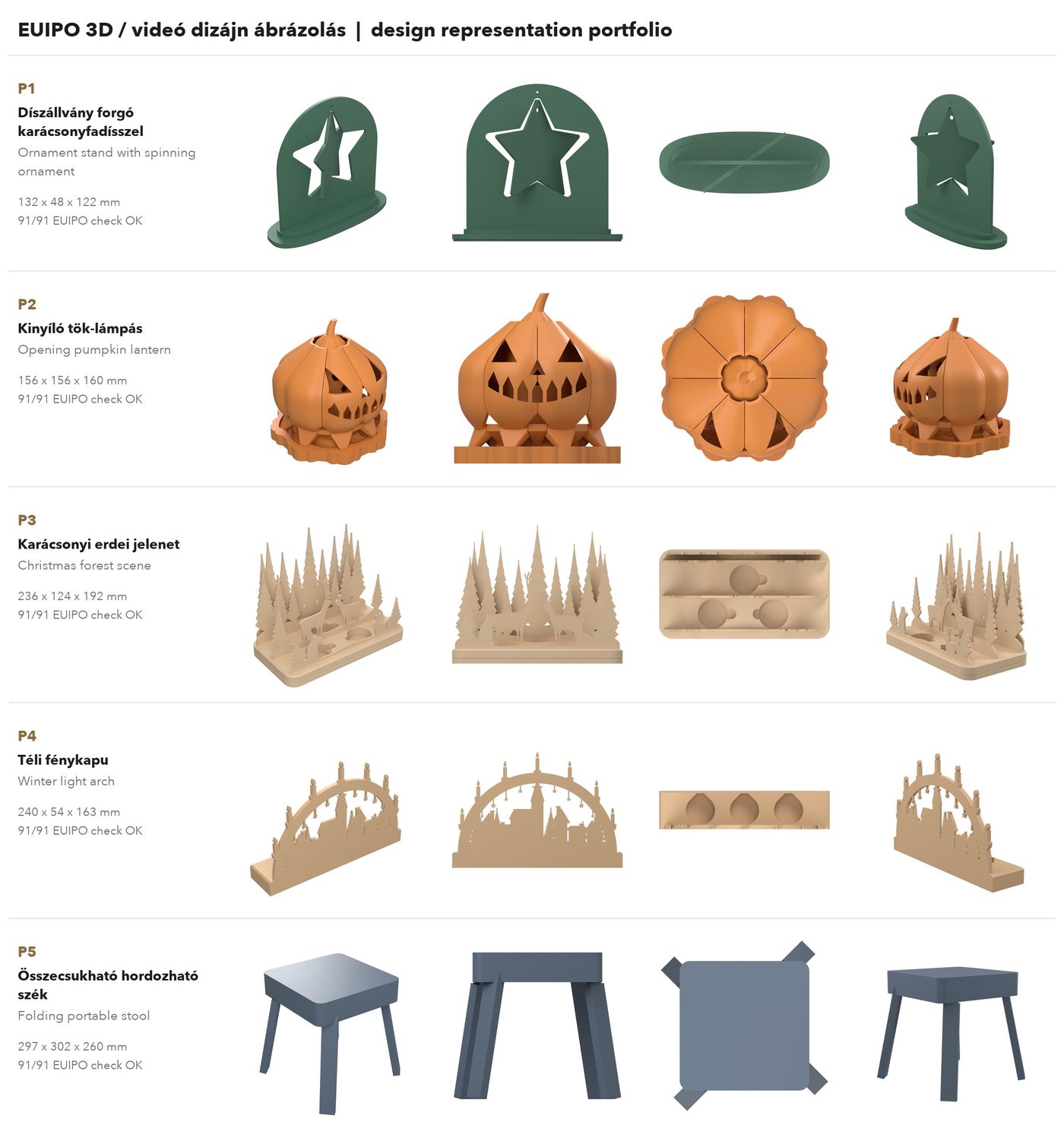 Contact sheet of our five own designs, four views each: ornament stand with a star ornament, opening pumpkin lantern, Christmas forest scene, winter light arch and folding stool.