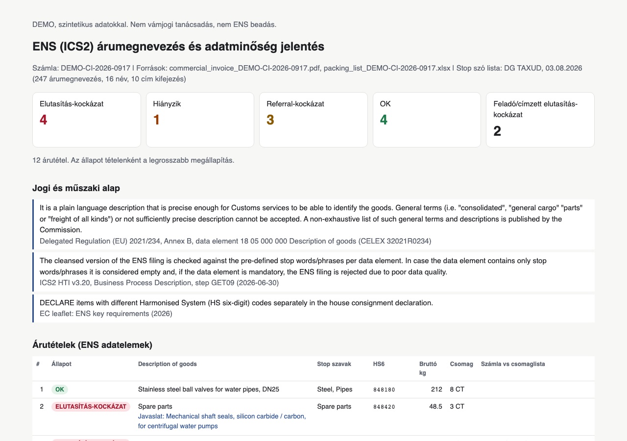 Summary of the synthetic sample report: 4 rejection risks, 1 missing data, 3 referral risks, 4 OK, with the legal basis quotes and the item table below.
